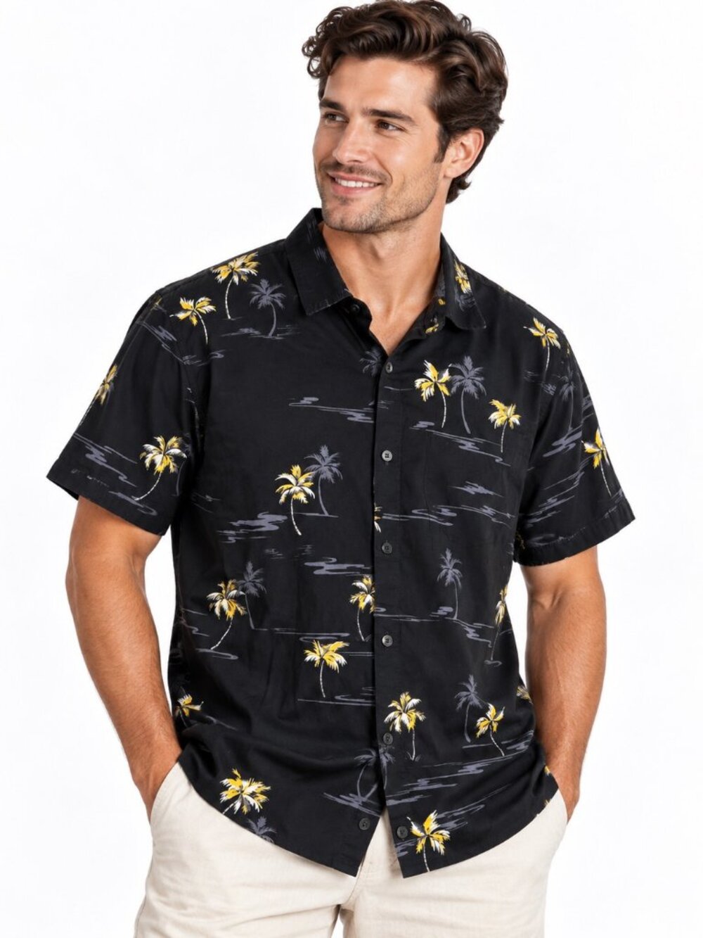 Hollister California Men’s M Black Hawaiian Shirt Epic Flex Stretch Palm Trees